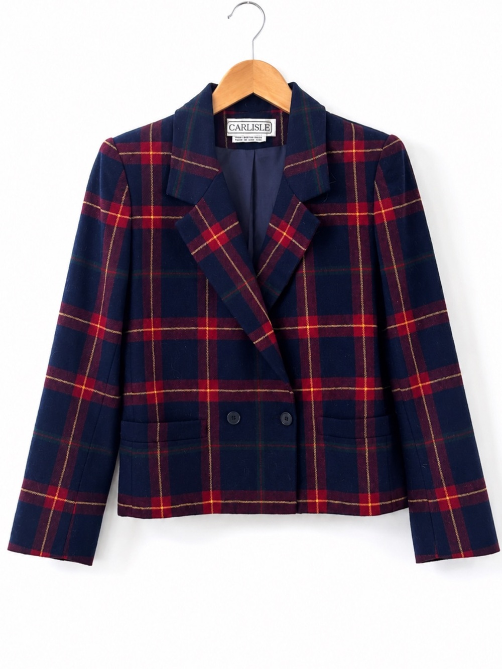 Carlisle Wool Blazer Womens 2 Plaid Classic Two Button Pockets Navy Blue Red